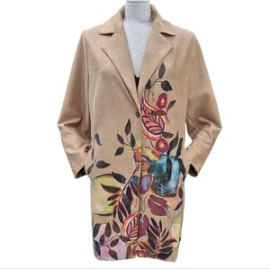 Chico's size 4 faux suede long duster jacket women's XXL tan watercolor leaves
